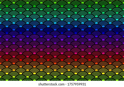 Rainbow Chinese ancient pattern. Illustration of Japanese oriental pattern. Seamless fish scale, water wave circle. Colorful horizontal on black background.