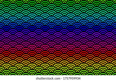 Patrón antiguo chino arcoiris. Ilustración del patrón oriental japonés. Escala de peces sin mar, círculo de olas de agua. Colorida horizontal sobre fondo negro.