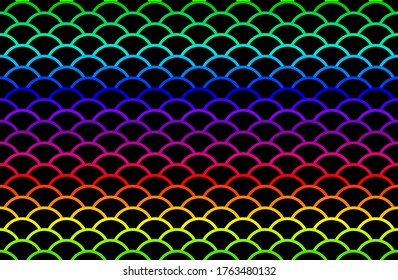 Rainbow Chinese ancient pattern. Illustration of Japanese oriental pattern. Seamless fish scale, water wave circle. Colorful horizontal on black background.