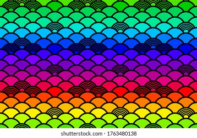 Rainbow Chinese ancient pattern. Illustration of Japanese oriental pattern. Seamless fish scale, water wave circle. Colorful horizontal on black background.