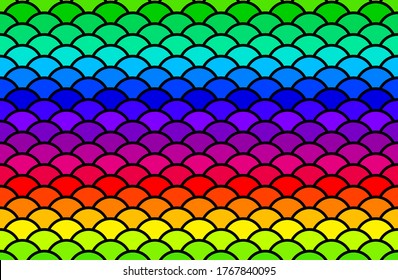 Rainbow Chinese ancient pattern. Illustration of Japanese oriental pattern. Seamless fish scale, water wave circle. Colorful horizontal on black background.