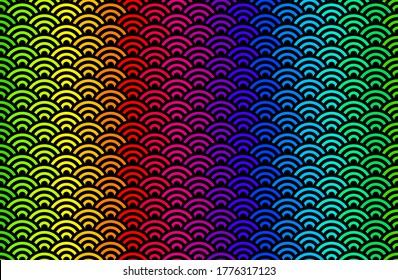 Rainbow Chinese ancient pattern. Illustration of Japanese oriental pattern. Seamless fish scale, water wave circle. Colorful vertical on black background.