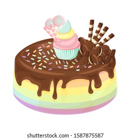 Rainbow chocolate cake isolated illustration, vector cartoon design.