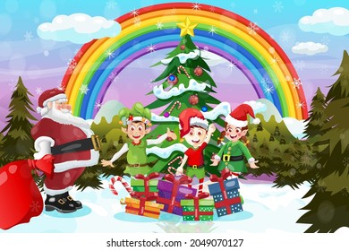 Rainbow Christmas background cartoon Santa Claus with elves