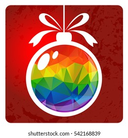 Rainbow Christmas ball isolated on red background. Xmas vector illustration. Design element for greeting cards or flyers.