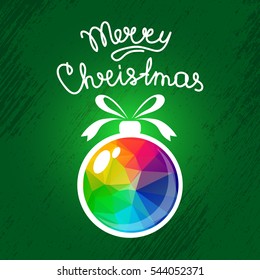 Rainbow Christmas ball isolated on green background. Xmas vector illustration. Design element for greeting cards or flyers.