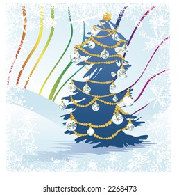 Rainbow Christmas decorations illustrated with a bold grunge strokes with a floating snowflake rainbow background, hanging on stings of pink pearls.
