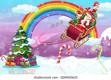 
Rainbow Christmas and happy new year background Santa sleigh flying with elves