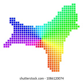 Rainbow Christmas Island map. Vector pixelated geographic scheme in bright spectral colors with circular gradient.