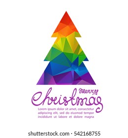 Rainbow Christmas tree with letters isolated on white background. Xmas vector illustration.  Design element for greeting cards or flyers.