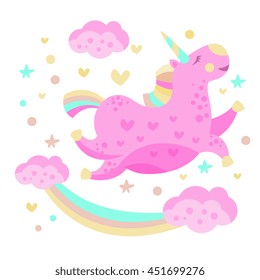 Rainbow And Chubby Pink Unicorn Funny Girly Drawing In Flat Cartoon Design On White Background