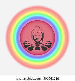 Rainbow circle with Buddha head and lotus. Vector illustration.