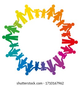 Rainbow circle formed by men, women, boys and girls holding hands. Pictograms of connected people standing in a circle to express friendship, family, relationships and society.  Illustration. Vector.