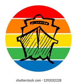 Rainbow Circle with Marine Ship. Flat Line Icon, Sign, Symbol Isolated Background. Graphic Design Abstract Art, Elements, Vector Illustration EPS 10