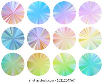 Rainbow circle metallic gradient label elements vector set. Polished vibrant medal shapes. Banner metal gradient texture templates. Icon backgrounds material design.