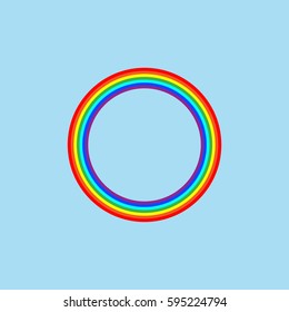Rainbow circle on sky sign. Illustration colorful spectrum arc. Cute symbol spring, summer, rain. Color bow mark clean nature. Template for t shirt, card, poster. Design element. Vector illustration