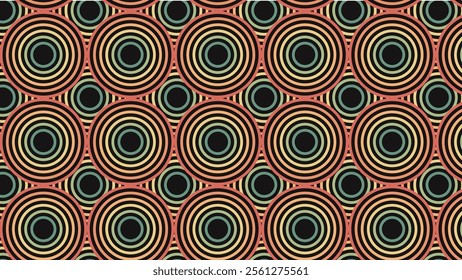 rainbow circle wavy lines  abstract geometric seamless pattern on dark black background, abstract retro stripes pattern 70s style