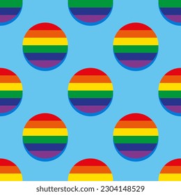 Rainbow circles on a blue background, seamless pattern. Background for Pride Month celebration. Retro design for fabric, wallpaper, wrapping paper. Vector illustration.