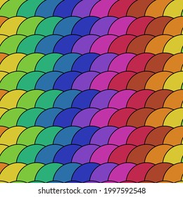 Rainbow circles ornament. Seamless and repeated balls. Psychedelic colorful wallpaper. Vector multicolor rainbow roof.