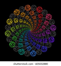 Rainbow Circular Decorative Ornament on Black Background. Stylized Mandala from Colored Lace Circles.