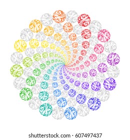 Rainbow Circular Decorative Ornament on White Background. Stylized Mandala from Colored Lace Circles.