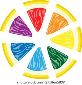 Rainbow Citrus Slices Circle Vector. Creative Pride Symbol and Colorful Fruit Composition Isolated on Transparent A high-quality artistic vector graphic featuring citrus slices arranged in a circular pattern, each in a different rainbow color: red, orange, yellow, green, light blue, dark blue, and purple. This modern and inclusive design is perfect for Pride Month promotions, creative juice branding, healthy eating posters, and social media stickers. Scalable digital asset isolated on a transparent background for professional use in web and print