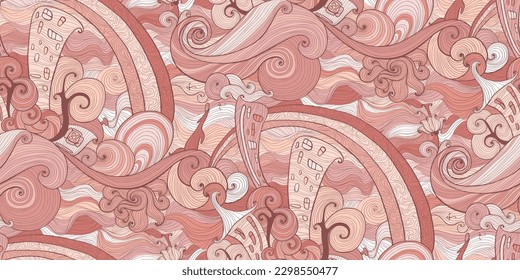 Rainbow City Doodle Seamless Vector Pattern