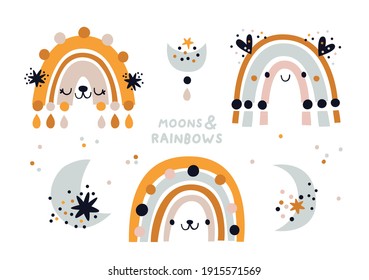 Rainbow clip art, Boho moons, Rainbow with cute animal face. Bohemian kids decoration. Vector nursery art, Baby shower illustration. Ideal for kids room decoration, clothing, prints, anniversary