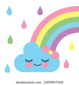 rainbow and cloud character and rain .vector illustration