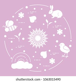 Rainbow, cloud, chicken, rabbit, flowers, leaves, bee, shell, egg, sprouts. Spring theme. Template for design, print.