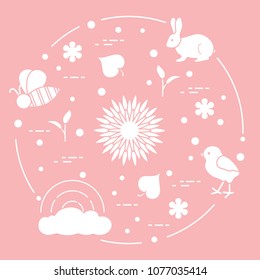 Rainbow, cloud, chicken, rabbit, flowers, leaves, bee, shell, egg, sprouts. Spring theme. Template for design, print.