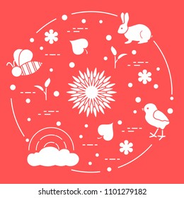 Rainbow, cloud, chicken, rabbit, flowers, leaves, bee, shell, egg, sprouts. Spring theme. Template for design, print.