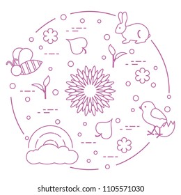 Rainbow, cloud, chicken, rabbit, flowers, leaves, bee, shell, egg, sprouts. Spring theme. Template for design, print.