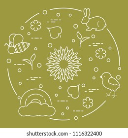 Rainbow, cloud, chicken, rabbit, flowers, leaves, bee, shell, egg, sprouts. Spring theme. Template for design, print.