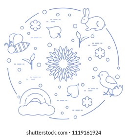 Rainbow, cloud, chicken, rabbit, flowers, leaves, bee, shell, egg, sprouts. Spring theme. Template for design, print.