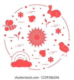 Rainbow, cloud, chicken, rabbit, flowers, leaves, bee, shell, egg, sprouts. Spring theme. Template for design, print.