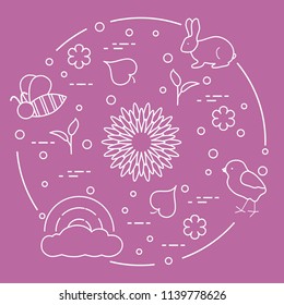 Rainbow, cloud, chicken, rabbit, flowers, leaves, bee, shell, egg, sprouts. Spring theme. Template for design, print.