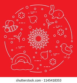 Rainbow, cloud, chicken, rabbit, flowers, leaves, bee, shell, egg, sprouts. Spring theme. Template for design, print.