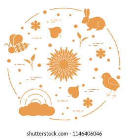 Rainbow, cloud, chicken, rabbit, flowers, leaves, bee, shell, egg, sprouts. Spring theme. Template for design, print.