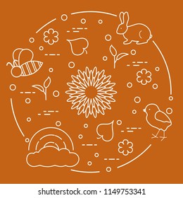 Rainbow, cloud, chicken, rabbit, flowers, leaves, bee, shell, egg, sprouts. Spring theme. Template for design, print.