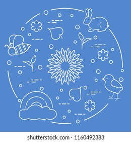 Rainbow, cloud, chicken, rabbit, flowers, leaves, bee, shell, egg, sprouts. Spring theme. Template for design, print.