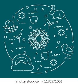 Rainbow, cloud, chicken, rabbit, flowers, leaves, bee, shell, sprouts. Spring theme. Template for design, print.