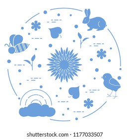 Rainbow, cloud, chicken, rabbit, flowers, leaves, bee, shell, egg, sprouts. Spring theme. Template for design, print.