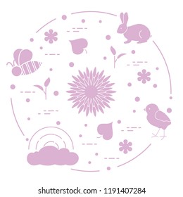 Rainbow, cloud, chicken, rabbit, flowers, leaves, bee, shell, egg, sprouts. Spring theme. Template for design, print.