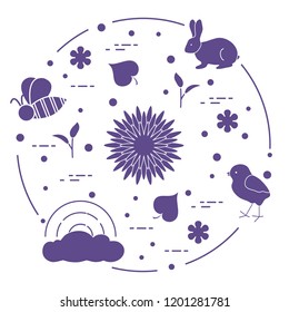 Rainbow, cloud, chicken, rabbit, flowers, leaves, bee, shell, egg, sprouts. Spring theme. Template for design, print.