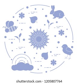 Rainbow, cloud, chicken, rabbit, flowers, leaves, bee, shell, egg, sprouts. Spring theme. Template for design, print.