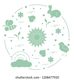 Rainbow, cloud, chicken, rabbit, flowers, leaves, bee, shell, egg, sprouts. Spring theme. Template for design, print.