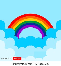 Rainbow cloud flat icon design style illustration on blue background