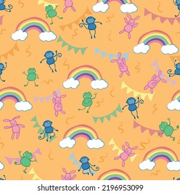 Rainbow Cloud Frog Bunny Rabbit Monkey Bunting Flags Streamers Seamless Pattern. Vector Illustration. Perfect For Party, Fashion, Decoration, Textile Design, Background, Illustration, Carpet, Tiles