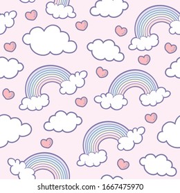 Rainbow, cloud and heart on a pink background seamless pattern